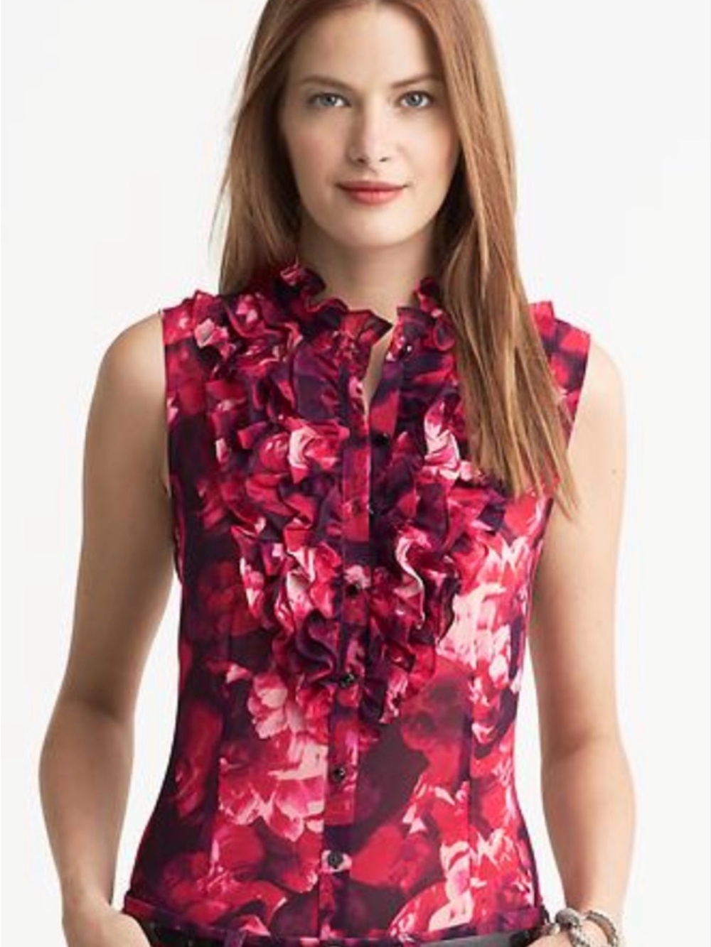 Banana Republic Red Floral Ruffle Sleeveless Blouse Size 10P NWOTs